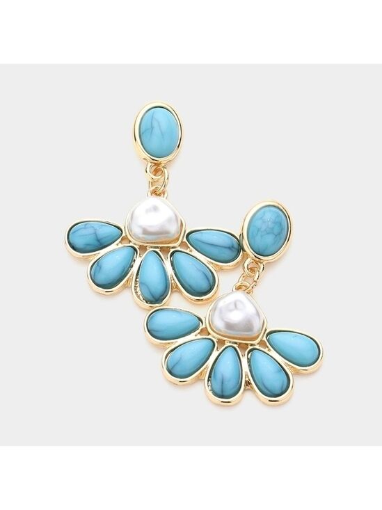 Jewelry - NEW Floral Abstract Turquoise Stone Pearl Embellished Small Dangle Earrings